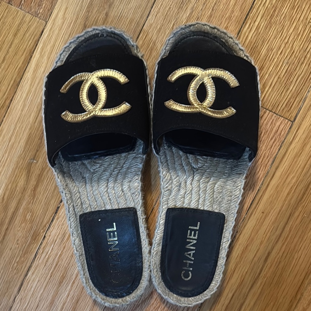 Chanel Black and Gold Espadrilles with Iconic CC Logo